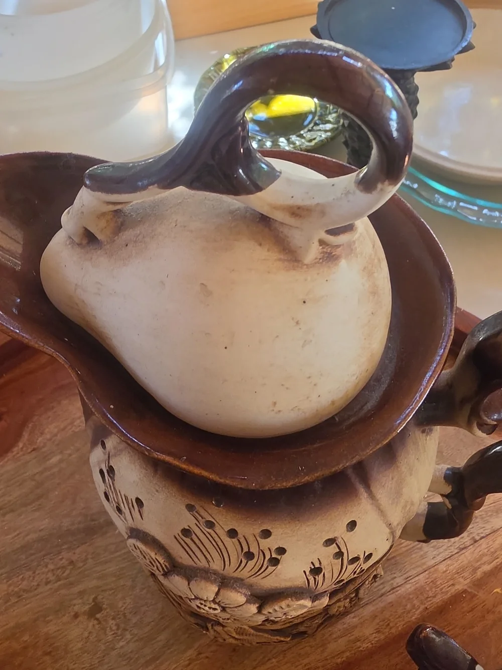 Handcrafted Beige and Brown Ceramic Pitcher with Matching Mugs Cottagecore